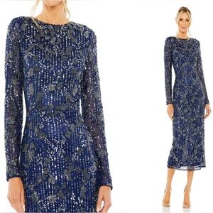 Mac Duggal Size 6 Navy Blue 5988 Sequin Beaded Long Sleeve Cocktail Midi Dress